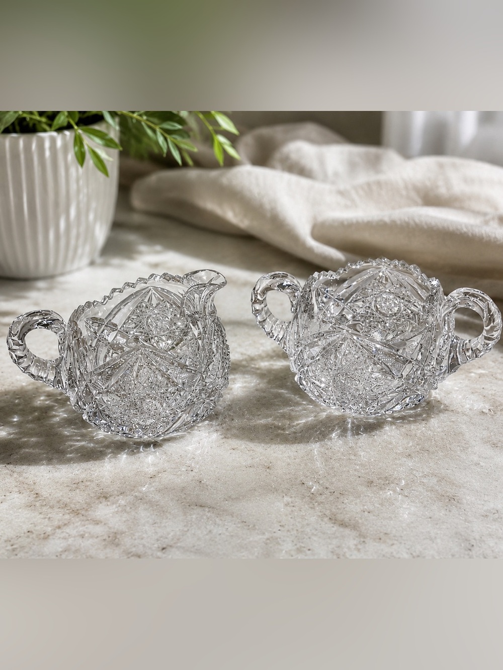 American Brilliant Era Handblown Hand Cut Crystal Sugar & Creamer Set |Prismatic